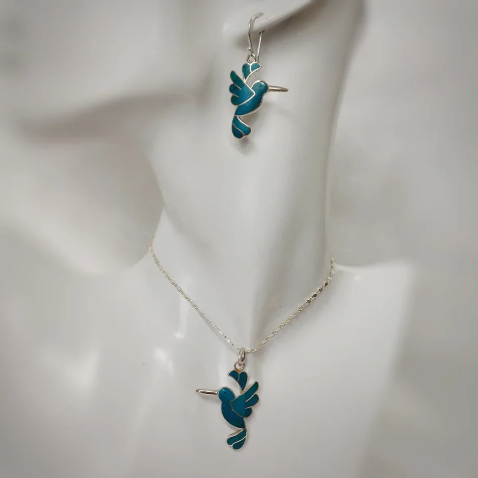 Hummingbird Chrysocolla set of Pendant and Earrings